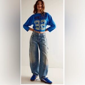 Free People Blue Athletic Crop Top with Light Wash Wide Leg Jeans